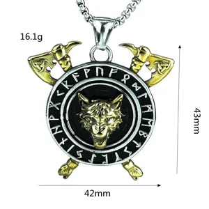 Retro Wikinger Edelstahl Wolfskopf Doppelaxt Rune Anhänger Halskette für Herren Detail
