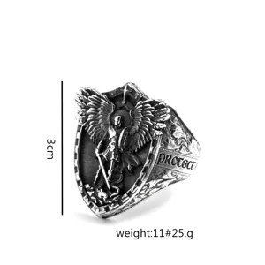 Bague Homme Acier Inoxydable Retro St. Michel Archange Bouclier Punk Bijou Tendance