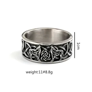 Vintage stainless steel Celtic knot wolf ring for men and women, wide band jewelry 1cm