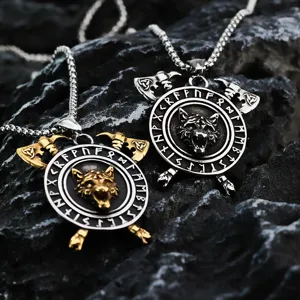 Vintage Wikinger Edelstahl Wolfskopf Anhänger Halskette Nordische Rune Doppeläxte Keltischer Schild Kropfband Schmuck Für Herren Damen Geschenk