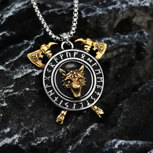 Retro Wikinger Wolfs Kopf Anhänger Halskette mit Doppelaxt und Runen Ring aus Edelstahl.