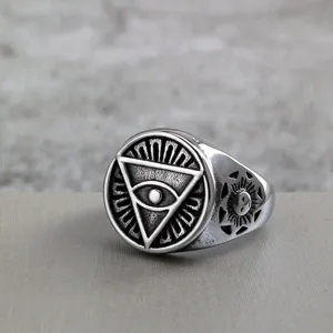 Retro stainless steel ring featuring eye of horus and sun design for men and women detail view.