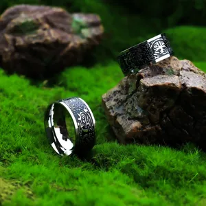 Edelstahl Wikinger Lebensbaum Ring Detailansicht, Vintage Schnitzerei Design Damen und Herren.