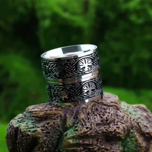 Breiter Edelstahl Wikinger Lebensbaum Ring mit keltischem Knotenmuster für Damen und Herren