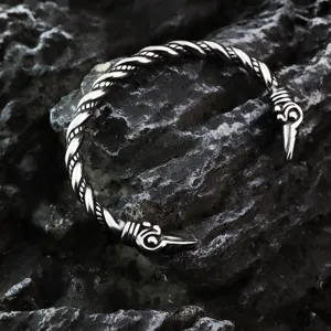 Brazalete Abierto en C Con Cabeza de Cuervo Vikingo Pirata de Acero Inoxidable Vintage para Hombres Mujeres Diseño de Cuerda Retorcida Joyería Metálica Punk Regalo