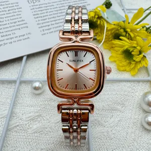 SUNLIFEX vintage square dial women watch elegant two-tone steel strap quartz wristwatch