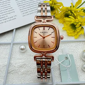 Square dial women's watch featuring a stylish two-tone rose gold and silver stainless steel strap.