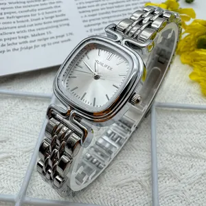 Minimalist vintage square dial women's watch with delicate metal steel strap and clear dial.
