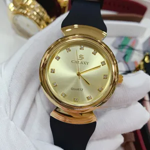 Gold quartz watch for women with sparkling crystal hour markers and a sleek black strap.