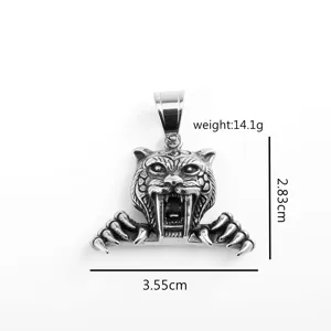 Stainless steel tiger claw pendant detail shot, retro beast head design with clear dimensions.