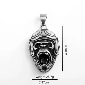 Stainless steel ape pendant detail view, showing the intricate pilot helmet and fierce expression.