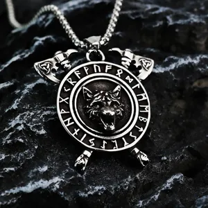Vintage Wiking Runa Wolf Kopf Anhänger Edelstahl Herren Halskette Keltische Axt Schmuck