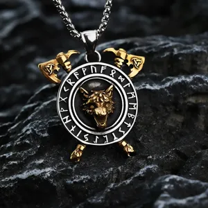 Retro Wikinger Herren Edelstahl Rune Wolf Kopf Doppel Axt Anhänger Halskette Schmuck