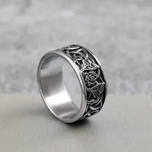 Detailed shot of stainless steel ring featuring intricate Celtic knot and Viking wolf head design.