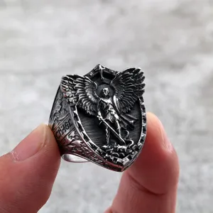 Bague homme en acier inoxydable vintage avec bouclier archange Saint Michel style gothique