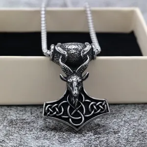 Ciondolo da uomo vintage in acciaio inossidabile testa di capra collana martello di Thor