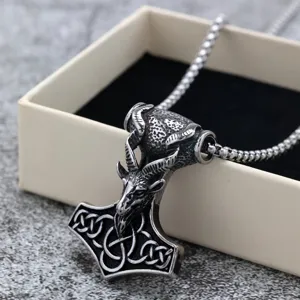 Collana con ciondolo martello di Thor Mjolnir in acciaio inossidabile con testa di capra e nodi.
