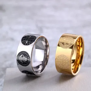 Vintage Stainless Steel Saint Benedict Cross Ring For Men Women Retro Exorcism Medal Pattern Punk Band Ring Gothic Religious Totem Jewelry Gift