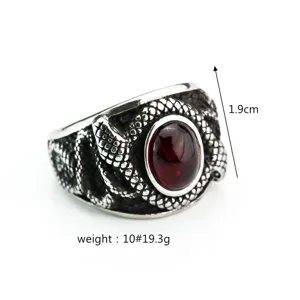 Vintage stainless steel men's ring with red gemstone and double snake design detail.