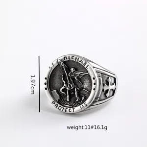 Anillo de dragón de arcángel San Miguel de acero inoxidable vintage para hombre, joyas.
