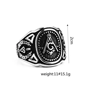 Detailed view of retro stainless steel men's masonic ring featuring engraved square compass symbol.