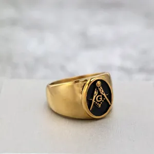 Vintage Titanium Steel Freemason Ring For Men Geometric Gold Black Polished Hip Hop Punk Band Ring Retro Male Finger Jewelry