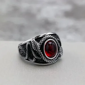 Vintage Stainless Steel Double Snake Ring For Men Punk Gothic Red Rhinestone Inlaid Band Ring Biker Jewelry Finger Decoration Gift
