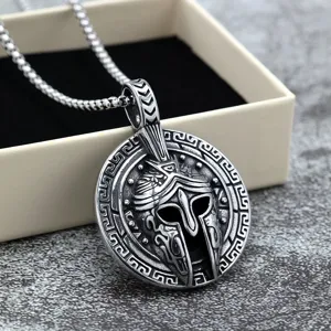 Vintage Stainless Steel Spartan Mask Pendant Necklace For Men Retro Punk Geometric Shield Greek Key Embossed Medallion Charm Neckwear Heavy Duty Biker Rock Jewelry Gift
