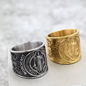 Men's vintage stainless steel St. Benedict cross ring set, gothic religious exorcism ring.