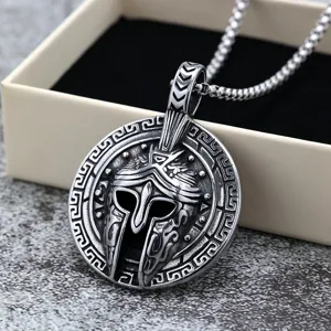 Stainless steel Spartan helmet pendant necklace detail close up vintage men jewelry accessory