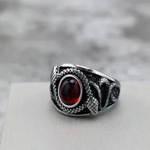 Detailed close-up view of the vintage stainless steel gothic double snake ring for men.
