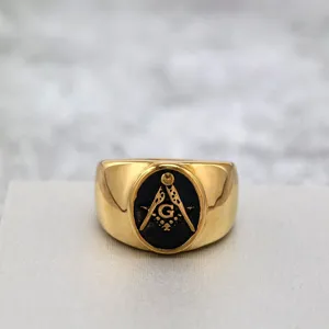 Vintage titanium steel men ring featuring Freemasonry symbol with classic black enamel.