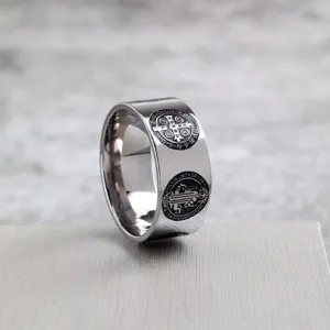 Stainless steel wide ring featuring Saint Benedict cross and figure engraving for men and women.