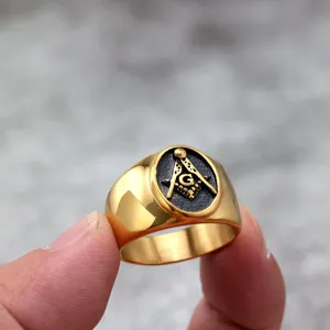 Men vintage gold titanium steel ring with masonic black sign fashion jewelry accessory.
