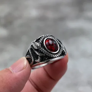 Men's vintage stainless steel coiled snake ring with red gemstone gothic biker jewelry