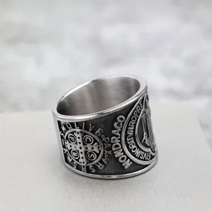 Vintage Stainless Steel Men's Ring Saint Benedict Cross Exorcism Retro Band Jewelry