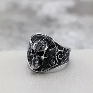 Retro Stainless Steel Skull Ring For Men Gothic Biker Punk Wing Roman Numeral Engraved Finger Ring Hip Hop Band Jewelry Gift