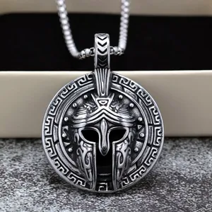 Stainless steel Spartan mask pendant necklace for men, vintage retro style detailed jewelry.
