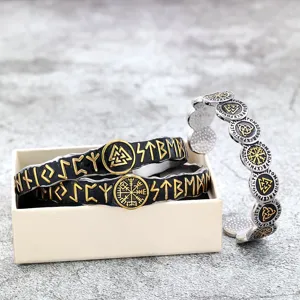 Bracelet manchette ouvert style viking rétro en acier inoxydable avec symboles runiques