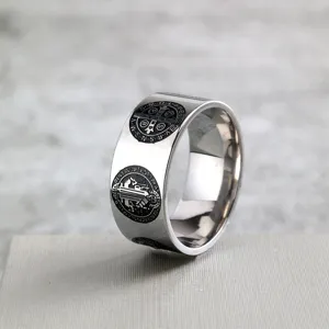 Stainless steel Saint Benedict cross ring, detailed exorcist medal vintage band for men and women.