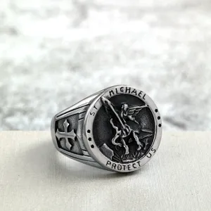 Anillo Retro de Acero Inoxidable Arcángel San Miguel Hombre Joyería Religiosa Moda
