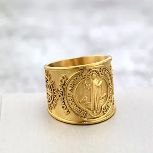 Vintage stainless steel men ring with Saint Benedict cross and Latin exorcism embossing.