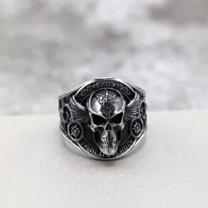 Vintage stainless steel skull ring with wing and Roman numeral details for men.