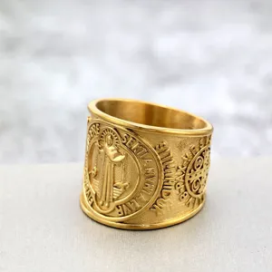 Vintage stainless steel men ring featuring Saint Benedict cross detail and gold finish.
