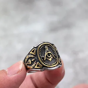 Vintage stainless steel men ring featuring Freemasonry symbol close up detail design.