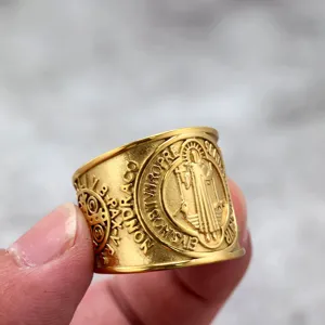 Vintage Saint Benedict cross stainless steel wide ring for men retro religious jewelry