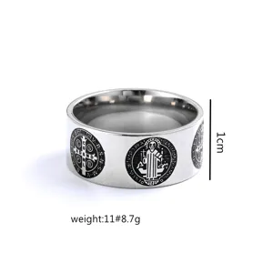 Stainless steel St Benedict cross ring detail view showing 1cm width and weight specifications.