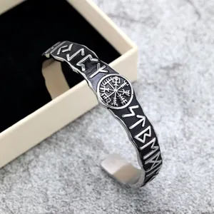 Bracelet manchette ouvert en acier inoxydable avec runes vikings et symbole de boussole.
