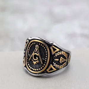 Vintage stainless steel Masonic ring for men featuring a retro two-tone design.