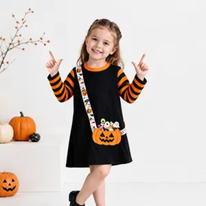Halloween style long sleeve dress detail shot, cute pumpkin design for kids autumn daily wear.